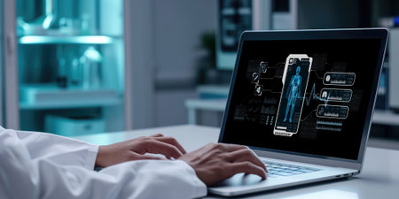 Medical science technology and futuristic healthcare virtual computer software analyze human health and diagnose disease for doctor data and medical research. briskの素材