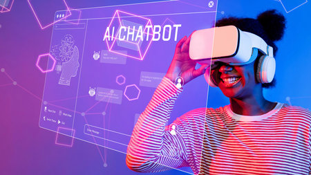 A joyful woman wears a VR headset, engaging with an AI chatbot in a vibrant digital environment....