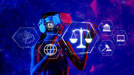 This visually striking image represents the fusion of artificial intelligence and digital law, emphasizing ethics, governance, and compliance in a rapidly evolving virtual landscape.の写真素材