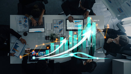 A group of professionals collaborates in a modern office, analyzing financial growth trends using...
