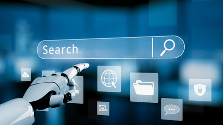 AI boosts SEO with artificial intelligence keyword tools, AI search data insights, and virtual assistant strategies for digital visibility.の写真素材