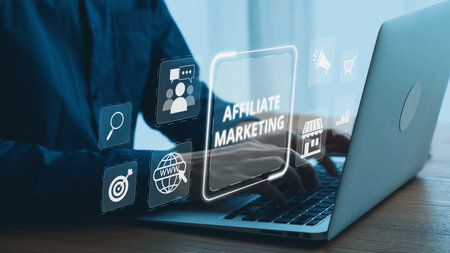 Affiliate marketing connects brands and marketers. Marketing through affiliate links drives sales. Affiliate programs reward. Digital marketing and affiliate strategies boost online revenue. Elideの写真素材