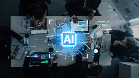 A futuristic AI core processor and system analytics dashboard. This concept highlights the raw...