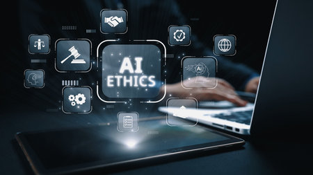 AI is transforming society, raising important ethics questions. Ethics in AI design ensures fairness. AI ethics promote responsible decisions. Balancing AI power with strong ethics is essential. Elideの写真素材