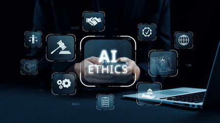 AI is transforming society, raising important ethics questions. Ethics in AI design ensures fairness. AI ethics promote responsible decisions. Balancing AI power with strong ethics is essential.の写真素材