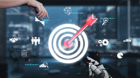 A visually striking concept showcasing a robotic hand reaching for a digital target, symbolizing...