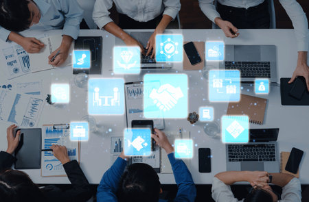 Business concept icons showing mergers and acquisitions, partnership, investment, and growth....