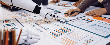 A robotic arm aids human colleagues in a modern office environment, focusing on data analysis and...