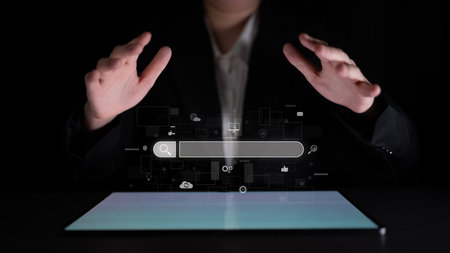 Search engine interface for accessing digital information and online data. Search engine finds data, search engine supports research, drives marketing, search engine improves SEO.の写真素材