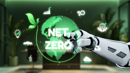 A robotic hand interacts with a glowing globe surrounded by symbols of sustainability and...