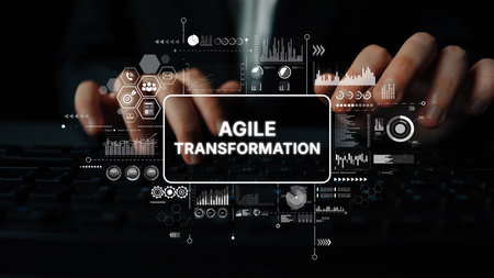 Hands on Keyboard Featuring Digital Graphics Representing Concepts of Agile Transformation and Innovation in Business Strategy. Asymptotic smart data analytic.の写真素材