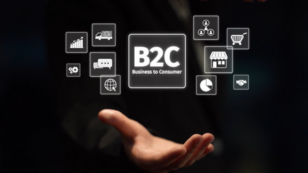 B2C strategy focuses on delivering products directly to consumers. Successful B2C models enhance consumer engagement, streamline B2C logistics, and boost consumer satisfaction through digital retail.の写真素材