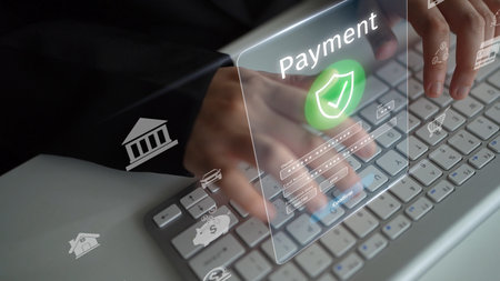 Secure online payment, safe e-commerce transactions, digital payment solutions, online financial security, and electronic payment systems ensuring smooth business continuity.の写真素材