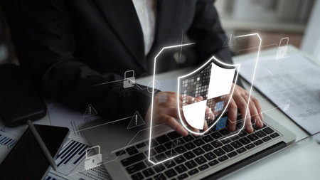 Cyber security protection and cyber security strategies against cyber threats, system hacks, digital breaches, network attacks, and safeguarding data with strong cyber security infrastructure.の写真素材