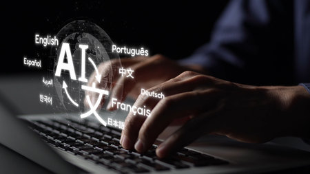 Global communication with multiple languages, digital translation tools, multilingual technology, cross-cultural communication, and virtual language learning environments.の写真素材