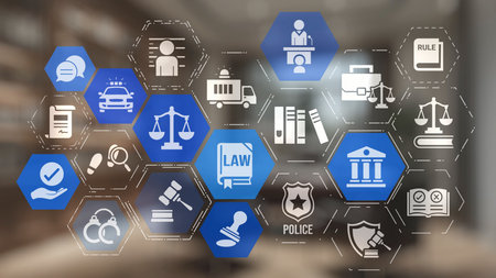 Law icons illustrate justice, court, and regulation system. Law represents fairness, law supports...