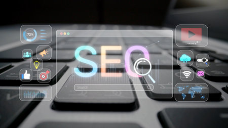 SEO concept for improving SEO visibility, with SEO related digital tools and SEO performance icons...