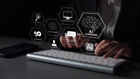 AI learning system involves deep learning, supervised machine learning, and natural language processing. AI learning diagram shows how AI advances learn in automation and data processing.の写真素材