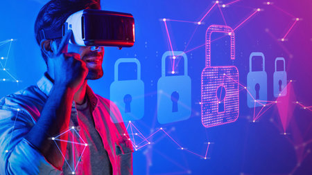 A young man engages with a virtual reality headset, surrounded by vibrant, neon digital locks,...