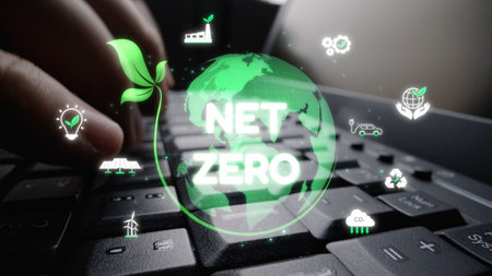 Net zero and sustainability concepts with environmental balance, digital sustainability icons, green...