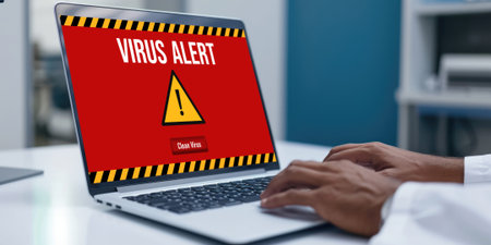 Virus warning alert on computer screen detected brisk cyber threat , hacker, computer virus and malwareの素材