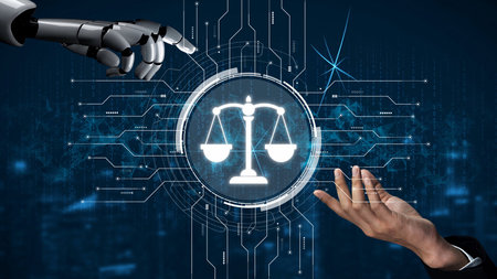 Futuristic digital law interface displaying justice scale, highlighting digital law, AI compliance, digital law systems, and digital law regulations for secure governance.の写真素材