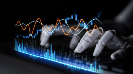 A futuristic robotic hand interacts with a keyboard, displaying dynamic data visualizations and...