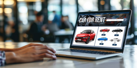 car rental website on computer screen for tourist to rent a car for transportation briskの素材