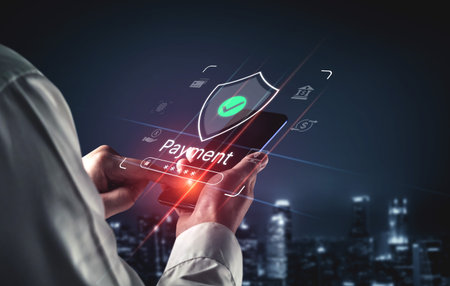 Concept of a secure payment gateway. This system uses encryption and authentication to protect financial transactions, ensuring safe and private online payments for users.の写真素材