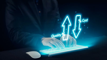 A modern keyboard is shown in use with hands typing, accompanied by digital graphs illustrating changes in quality and cost, symbolizing technology in business analysis.の写真素材