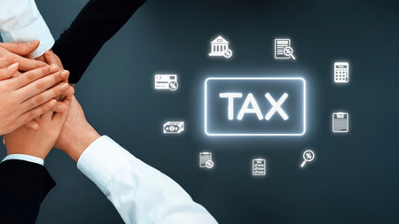 Hands coming together to symbolize collaboration in tax management, featuring icons of calculators, documents, and financial tools to represent synergy and teamwork in finance. Rasterの写真素材