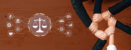 A dynamic image illustrating hands coming together to symbolize unity in the legal field,...