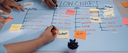 A group of professionals collaborates on a flowchart at a table, surrounded by colorful sticky notes...