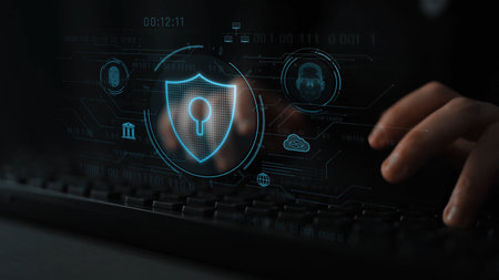 Cyber security interface with biometric and AI-powered protection system. Cyber security secures...