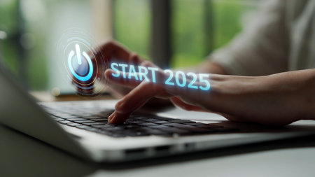 Start 2025 concept with futuristic power button symbolizing fresh beginnings, innovation, and digital transformation. New goals and initiative.の写真素材