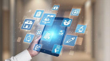 Online pharmacy icons showing medicine, healthcare, prescription and medical services with digital...