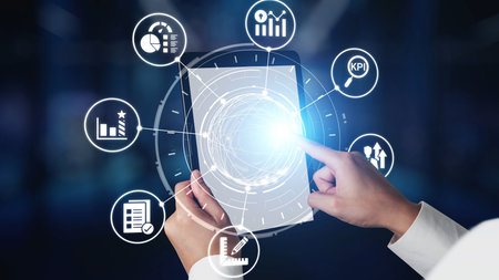KPI icons show performance metrics, goals, and achievement measurement. KPI helps business track...