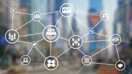 People networking and digital community with teamwork, partnership, collaboration and connection icons showing modern communication and relationship building. Gistの写真素材