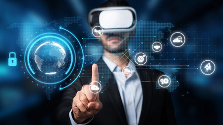 A businessman engages with a virtual reality headset, interacting with a digital interface...