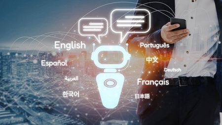 Global communication with multiple languages, digital translation tools, multilingual technology,...