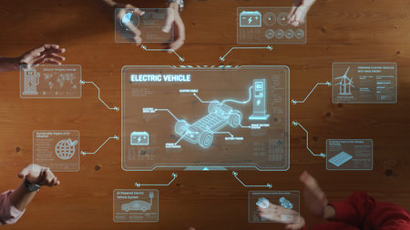 A dynamic scene showcasing hands engaged in discussion over electric vehicle technology diagrams on...