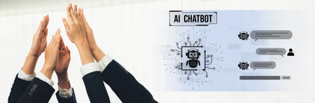 Hands symbolizing teamwork reaching up towards a digital AI chatbot interface displaying conversation graphics, representing innovation in communication and technology.の写真素材