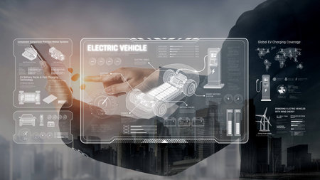 Technical layout of electric vehicle showing battery system, power control, traction motor, charging...