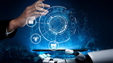 Multimedia technology with video, audio, photo and streaming icons representing digital media,...