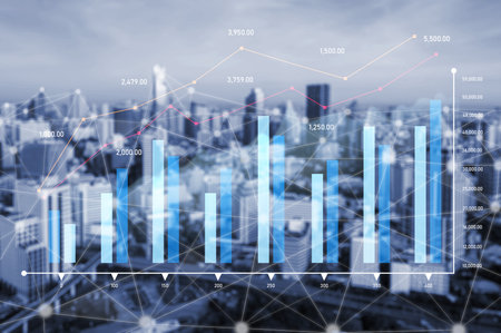 This image depicts a modern data visualization featuring bar charts and line graphs, overlooking a...