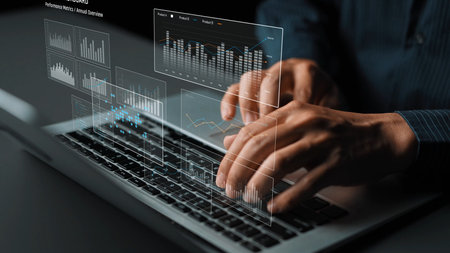 Business data analysis dashboard showing charts, statistics, and performance metrics for...
