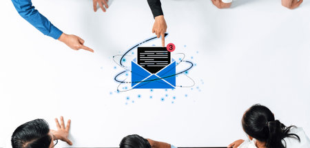 Concept of digital communication and correspondence. Receiving a new message or notification in an email inbox, representing online information exchange and alerts.の写真素材