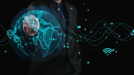 A professional individual engaging with a digital globe symbolizes the fusion of global...