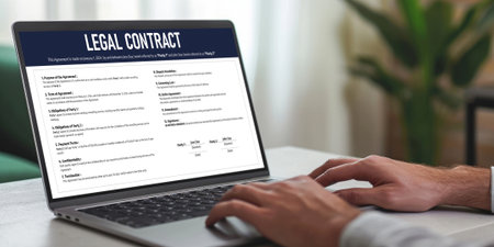 Digital legal contract provide terms and conditions document on computer screen ready for online digital signature for deal agreement of future business briskの素材