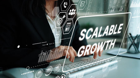 Business professional typing on keyboard with scalable growth concept and data visualization in a...